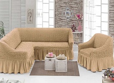 Чехлы стрейч на угловой диван и кресло с оборкой Цвет Песочный арт. 230/401.230